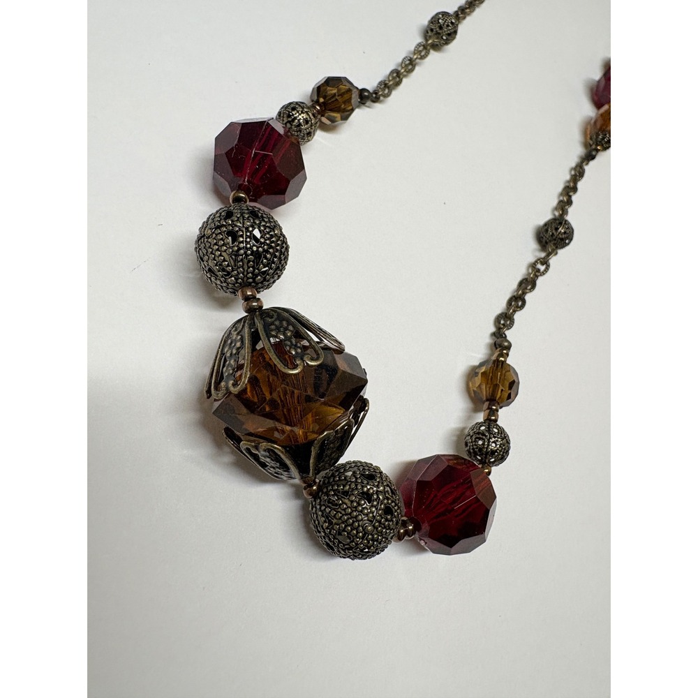Avon Vintage Style Station Necklace Burgundy Warm Honey Beads Antique Brass - Picture 3 of 8